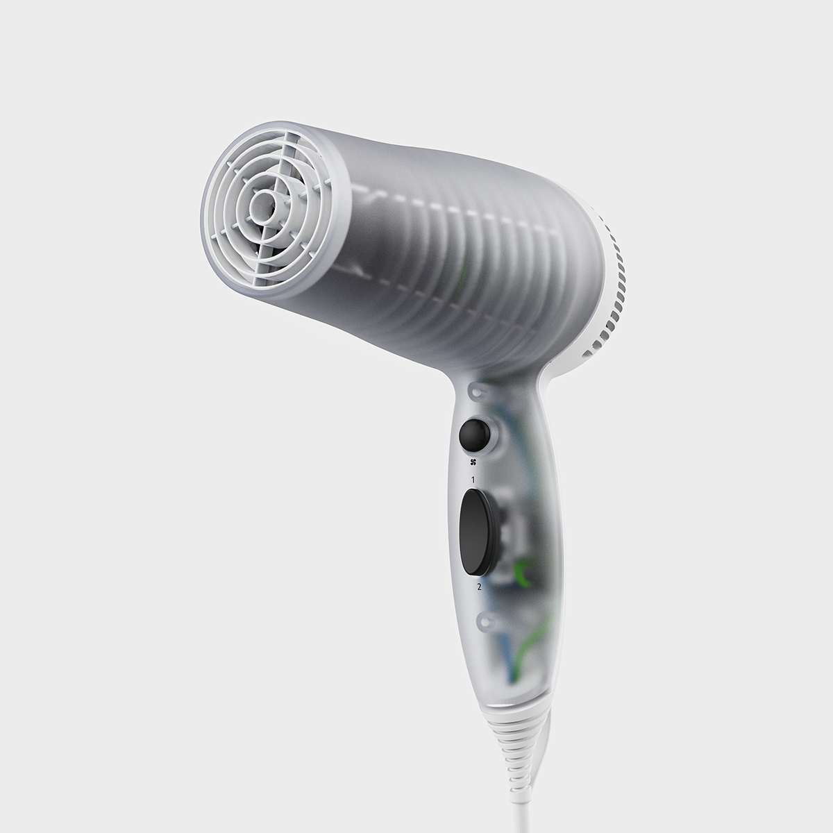 Rendering of a translucent hairdryer, unplugged