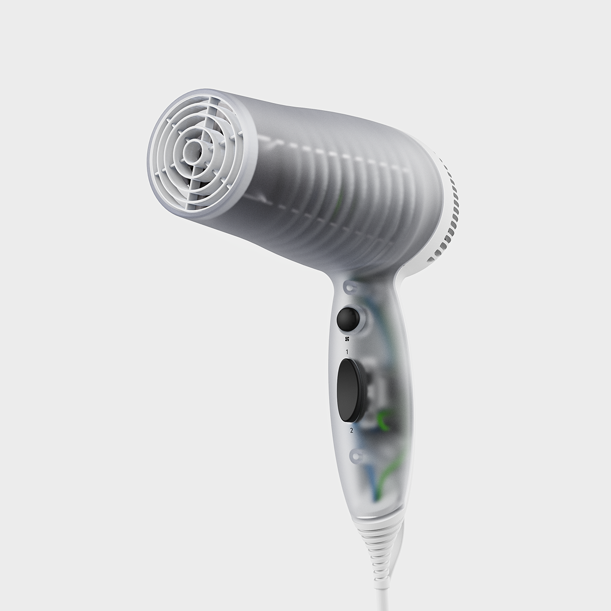Rendering of a translucent hairdryer, unplugged