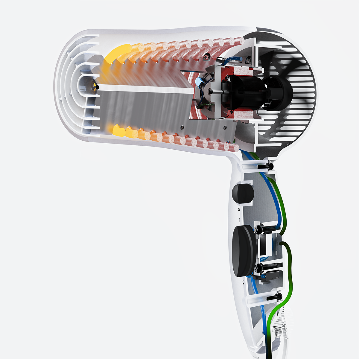 Rendering of a translucent hairdryer, cut in half