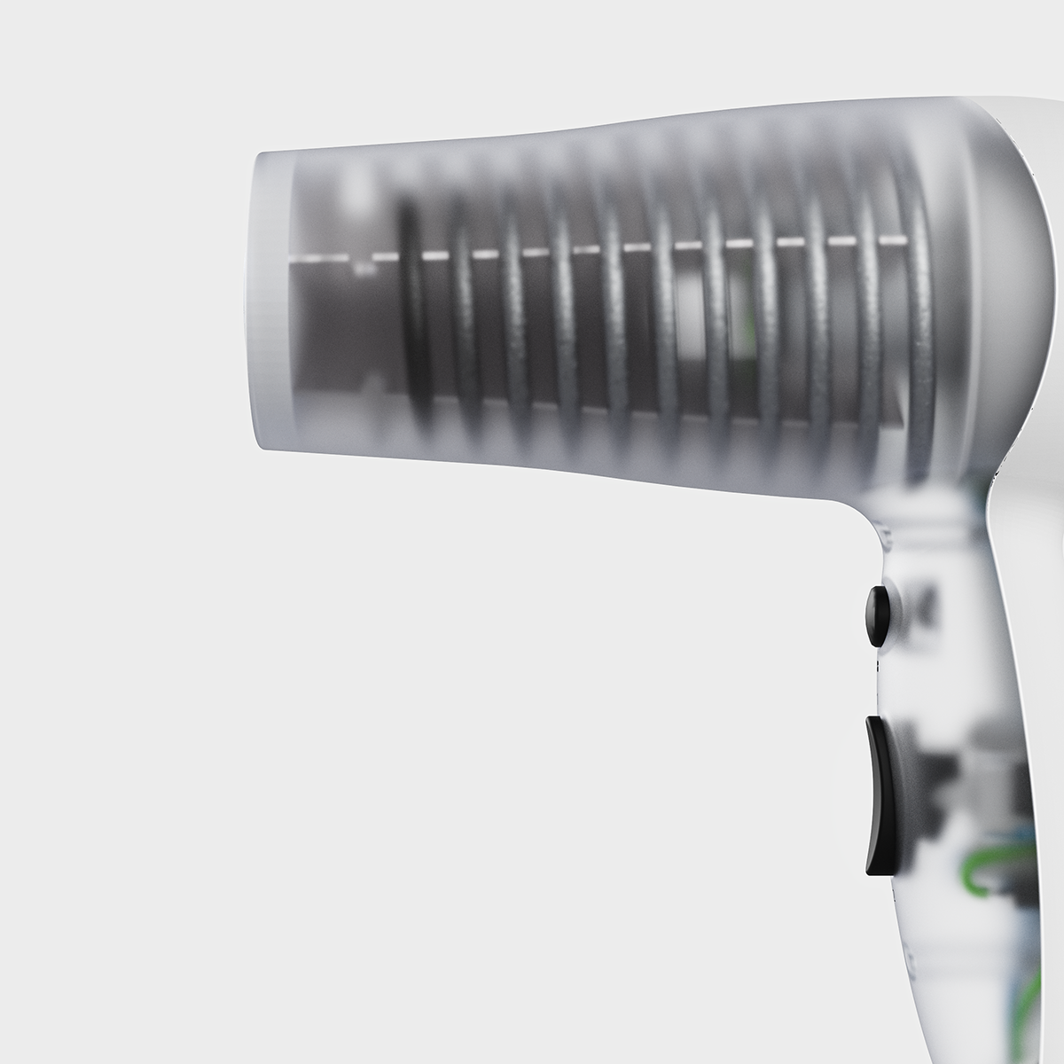 Rendering of a translucent hairdryer, side view