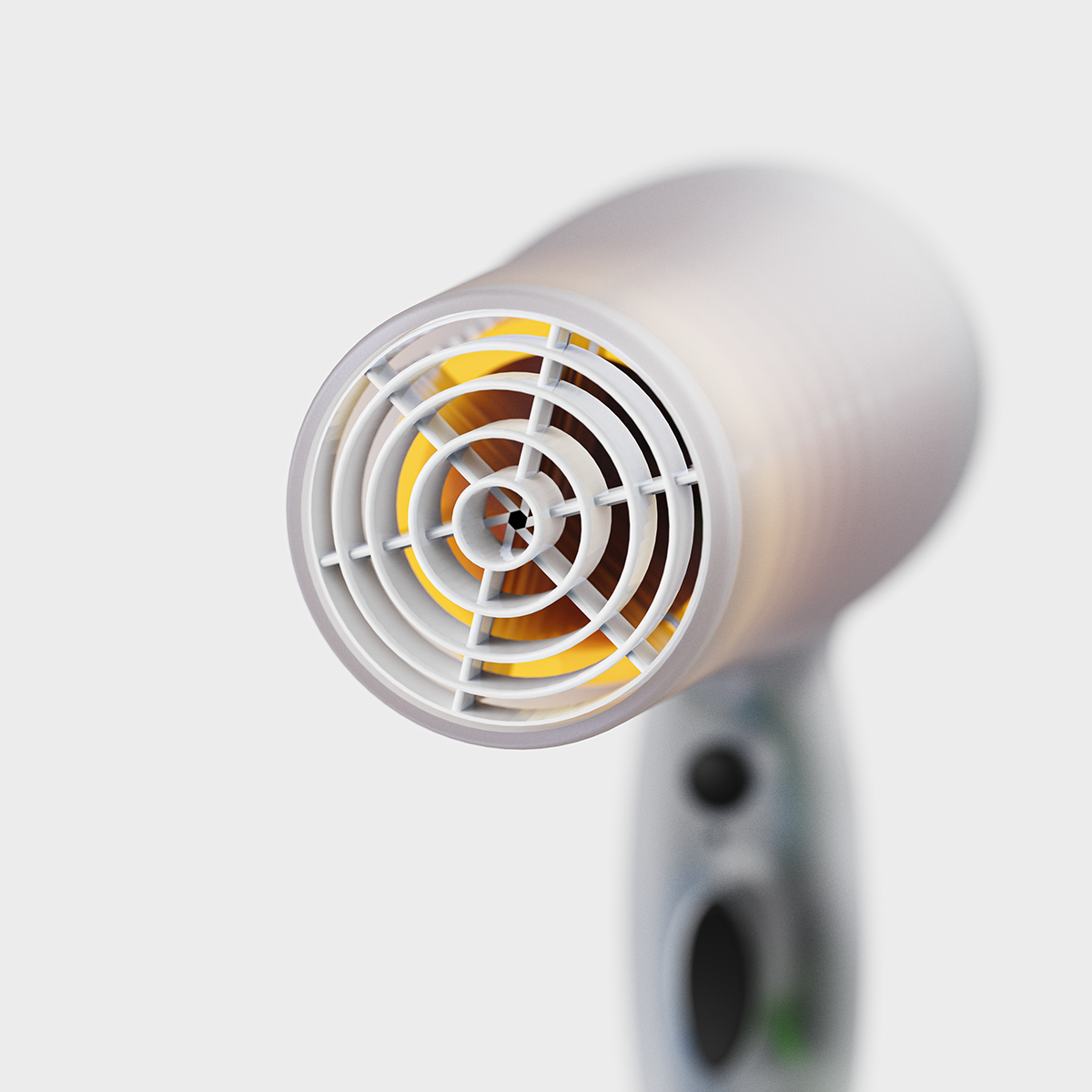 Rendering of a translucent hairdryer, front blurred
