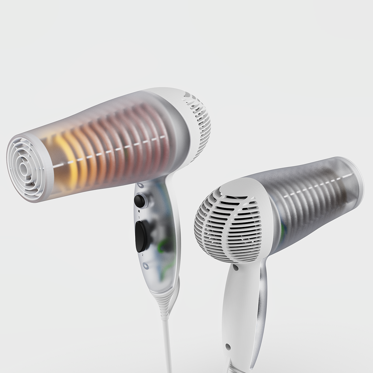 Rendering of a translucent hairdryer, paired