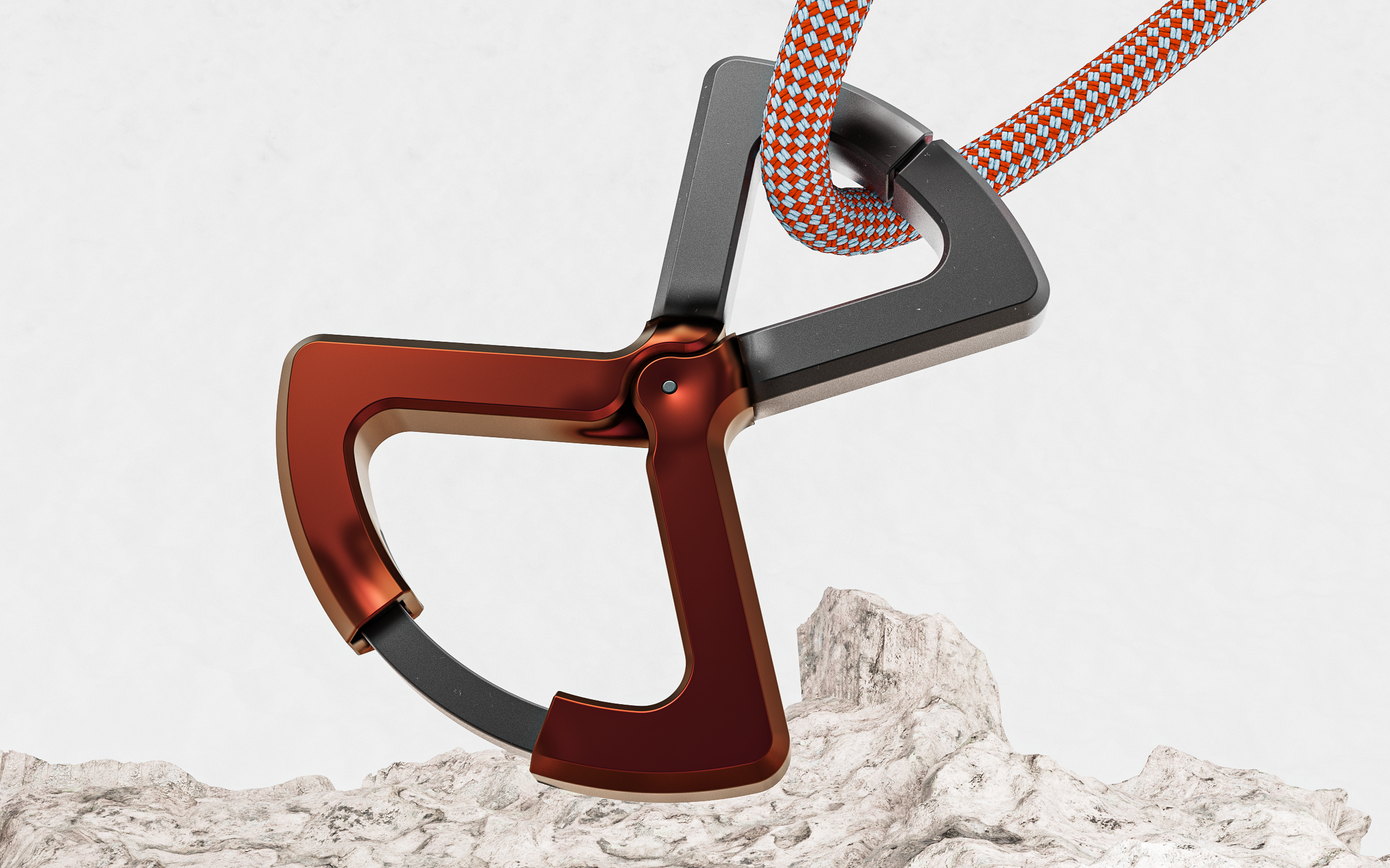 Rendering of a Karabiner, Stone, Rock, with a climbing rope attached