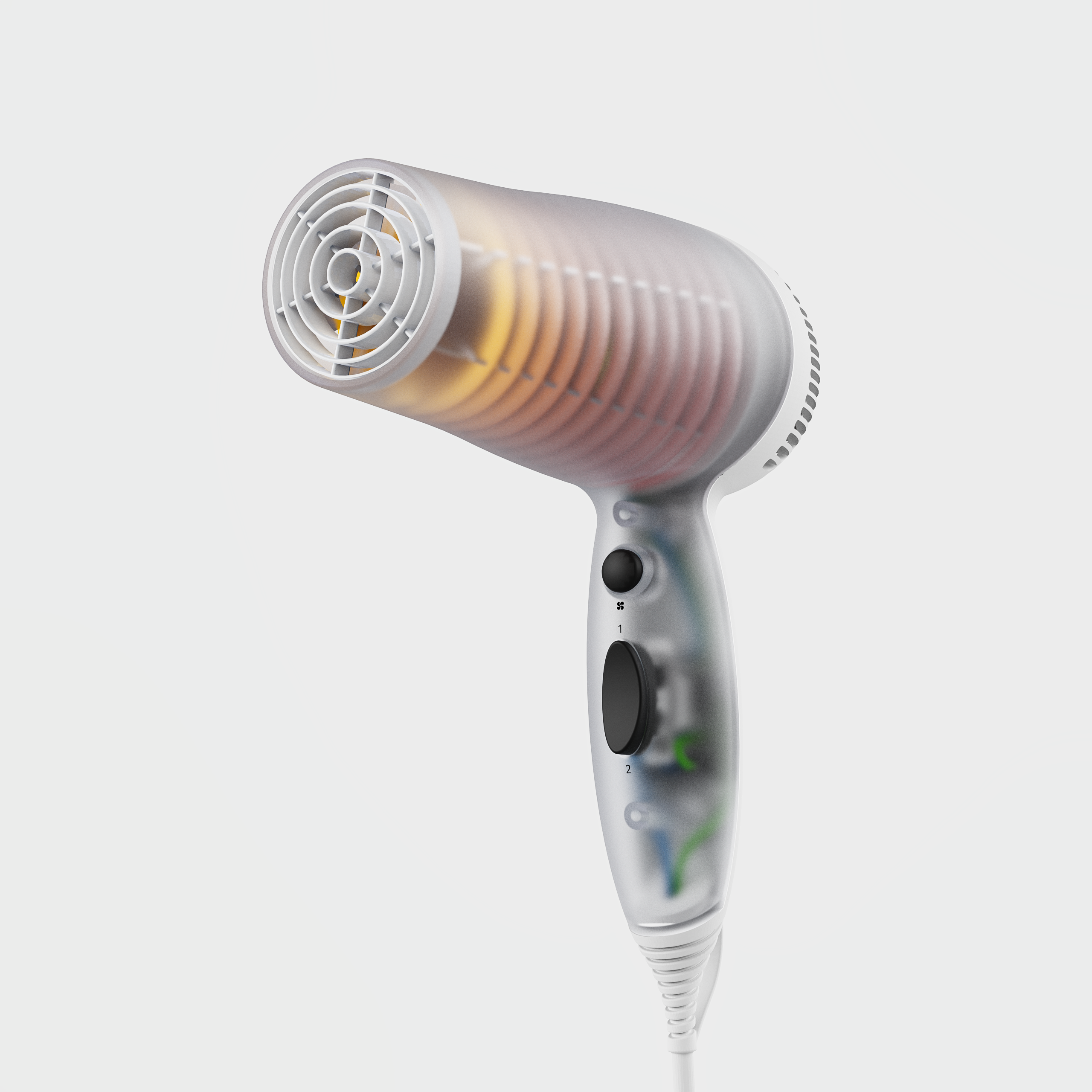 Rendering of a translucent hairdryer, plugged in