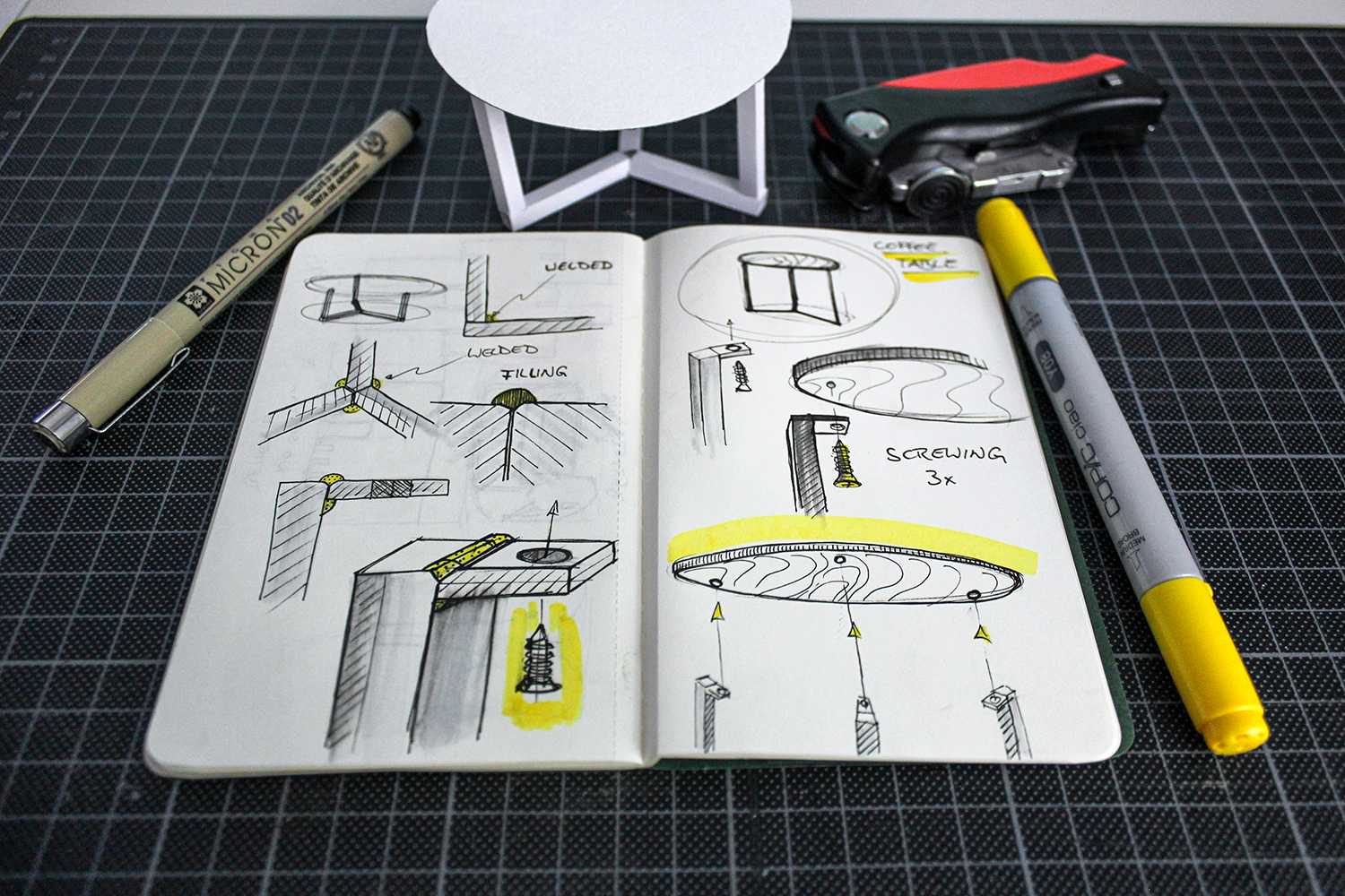 Industrial Sketch and model of a table, copic marker, knife, pen
